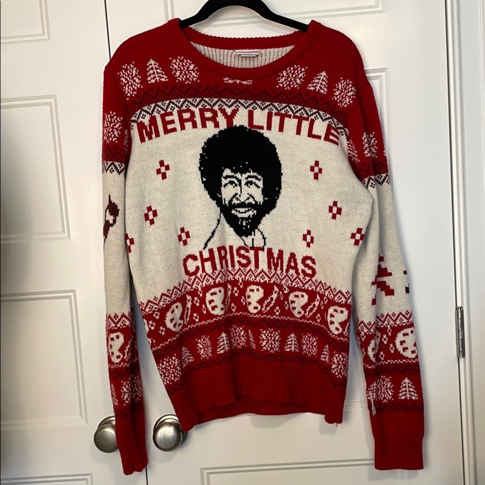 Bob Ross Red and White Christmas Sweater with Festive Design Size Large